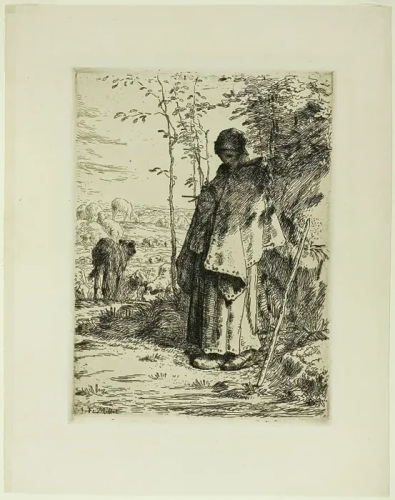 Framed Print : The Shepherdess Knitting, 1862. Creator: Jean Francois Millet Framed Print : The Shepherdess Knitting, 1862. Creator: Jean Francois Millet