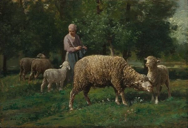 Shepherdess with Sheep, c. 1876. Creator: Charles-Emile Jacque (French, 1813-1894)