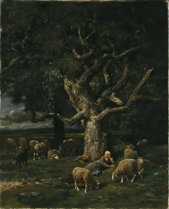 Framed Print : A Shepherdess and her Sheep. Creator: Charles Emile Jacque Framed Print : A Shepherdess and her Sheep. Creator: Charles Emile Jacque