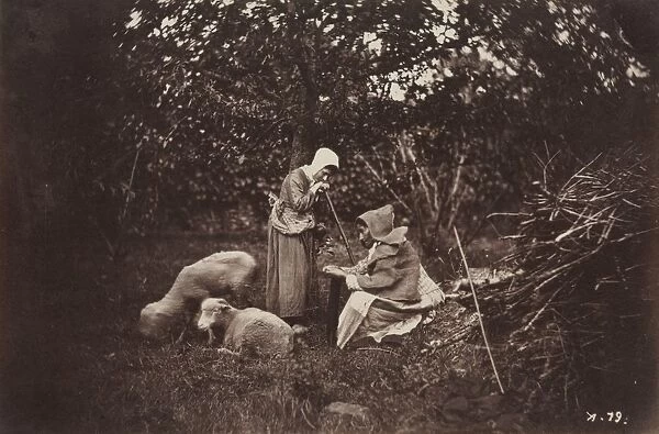 Two Shepherdesses Resting with Two Sheep, late 1870 s. Creator: Auguste Giraudons Artist (French)