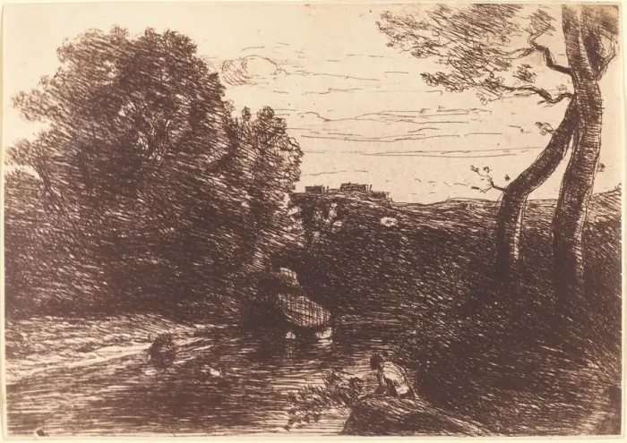 Framed Print : Shepherds Bath (Le Bain du berger), 1853. Creator: Jean-Baptiste-Camille Corot Framed Print : Shepherds Bath (Le Bain du berger), 1853. Creator: Jean-Baptiste-Camille Corot