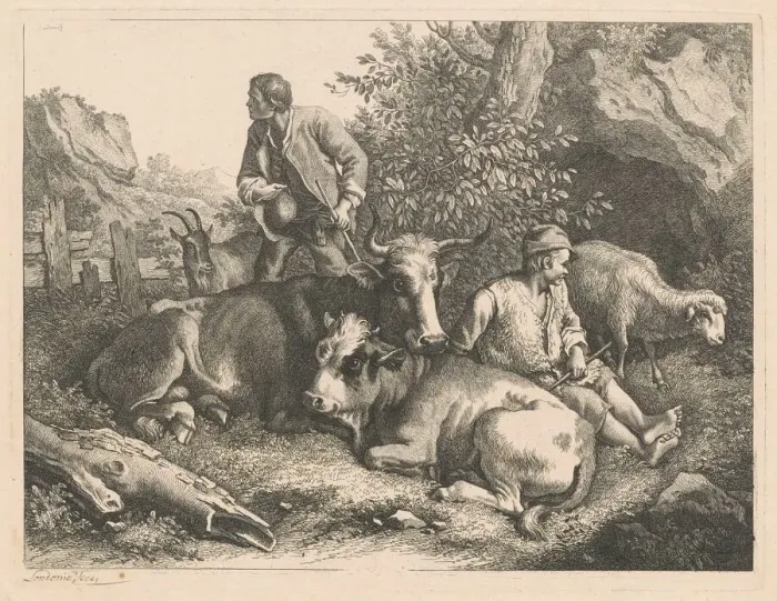 Framed Print : Two Shepherds with a Cow and Calf, after 1776. Creator: Francesco Londonio Framed Print : Two Shepherds with a Cow and Calf, after 1776. Creator: Francesco Londonio