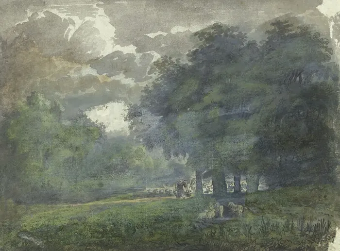 Framed Print : Shepherds with herd in a wooded landscape, 1706-1759. Creator: Jacob van Liender Framed Print : Shepherds with herd in a wooded landscape, 1706-1759. Creator: Jacob van Liender