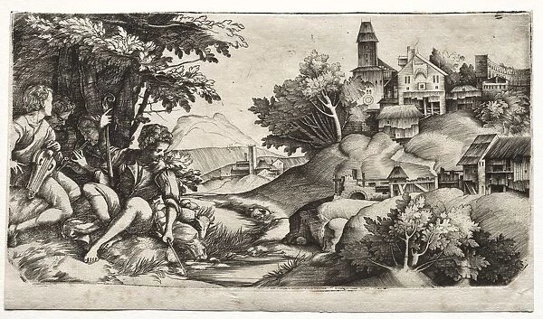 Shepherds in a Landscape, c. 1517. Creator: Giulio Campagnola (Italian, 1482-1515)