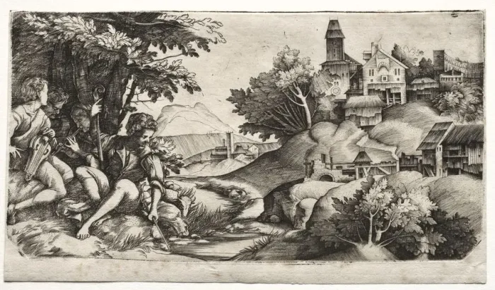 Framed Print : Shepherds in a Landscape, c. 1517. Creator: Giulio Campagnola (Italian, 1482-1515) Framed Print : Shepherds in a Landscape, c. 1517. Creator: Giulio Campagnola (Italian, 1482-1515)