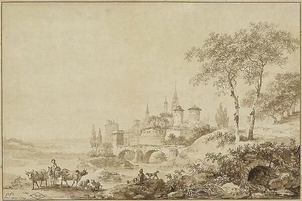 Shepherds in a Landscape before a Fortified Town, 1777. Creator: Jean Baptiste Le Prince