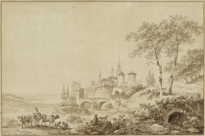 Framed Print : Shepherds in a Landscape before a Fortified Town, 1777. Creator: Jean Baptiste Le Prince Framed Print : Shepherds in a Landscape before a Fortified Town, 1777. Creator: Jean Baptiste Le Prince