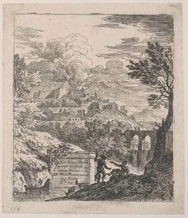 Framed Print : Two shepherds resting next to a pedestal, an aqueduct at right in the background, a Framed Print : Two shepherds resting next to a pedestal, an aqueduct at right in the background, a