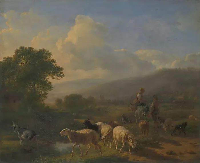 Framed Print : Shepherds with Sheep in a Mountainous Landscape, late 18th-early 19th century. Creator: Balthasar Paul Ommeganck Framed Print : Shepherds with Sheep in a Mountainous Landscape, late 18th-early 19th century. Creator: Balthasar Paul Ommeganck