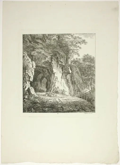 Framed Print : Shepherds and Sheep Resting Under a Bridge, plate seven from Paysages Dédiés... 1764. Creator: Salomon Gessner Framed Print : Shepherds and Sheep Resting Under a Bridge, plate seven from Paysages Dédiés... 1764. Creator: Salomon Gessner