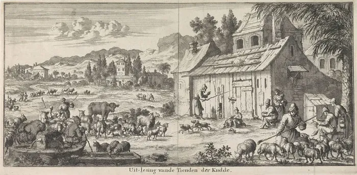 Framed Print : Shepherds give up a tenth of their flock, 1683. Creator: Luyken, Jan (Johannes) (1649-1712) Framed Print : Shepherds give up a tenth of their flock, 1683. Creator: Luyken, Jan (Johannes) (1649-1712)