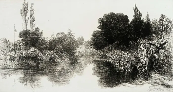 Framed Print : Shere Mill Pond, No. II (Large Plate), 1860. Creator: Francis Seymour Haden
