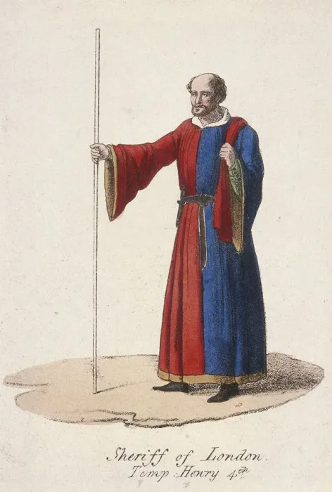 Framed Print : A Sheriff of London, dressed in early fifteenth century civic costume and holding a staff, c1830 Framed Print : A Sheriff of London, dressed in early fifteenth century civic costume and holding a staff, c1830