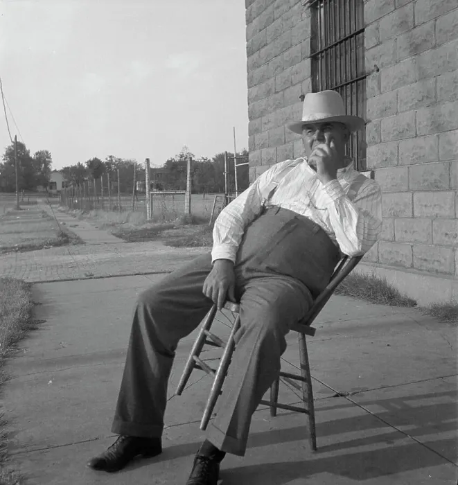 Framed Print : The sheriff of McAlester, Oklahoma, sitting in front of the jail, 1936. Creator: Dorothea Lange Framed Print : The sheriff of McAlester, Oklahoma, sitting in front of the jail, 1936. Creator: Dorothea Lange