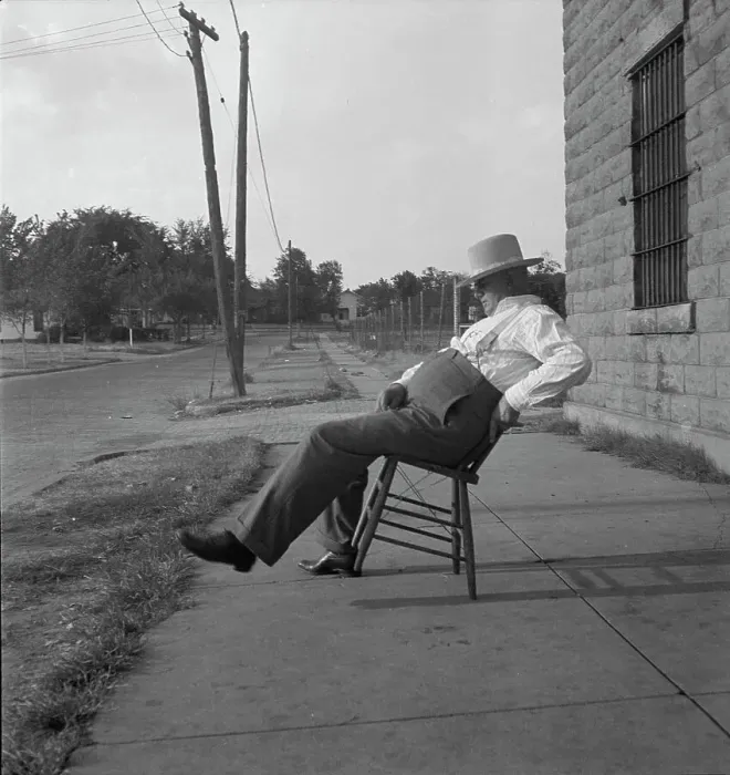 Framed Print : The sheriff of McAlester, Oklahoma, sitting in front of the jail, 1936. Creator: Dorothea Lange Framed Print : The sheriff of McAlester, Oklahoma, sitting in front of the jail, 1936. Creator: Dorothea Lange