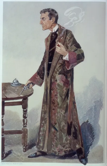 Framed Print : Sherlock Holmes holding a pipe and revolver, late 19th-early 20th century. Creator: Sir Leslie Matthew Ward Framed Print : Sherlock Holmes holding a pipe and revolver, late 19th-early 20th century. Creator: Sir Leslie Matthew Ward