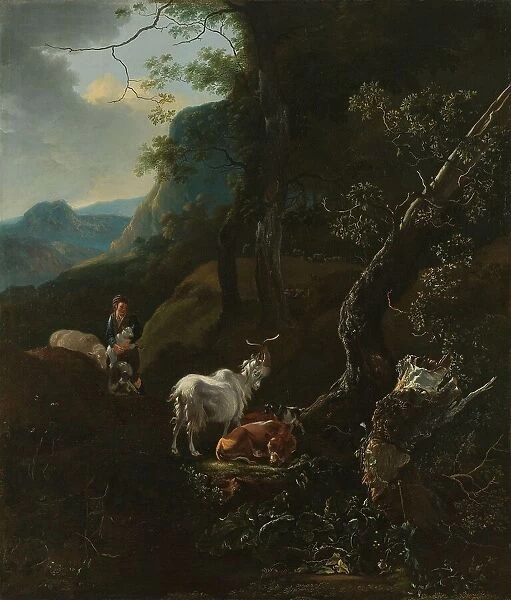 A Sherpherdess with Animals in a Mountainous Landscape, 1649-1673. Creator: Adam Pynacker