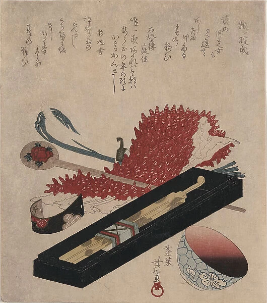 Shibori, hairpin, and lip color bowl, between 1818 and 1830. Creator: Horai, Hidenobu (active 1805-1825)