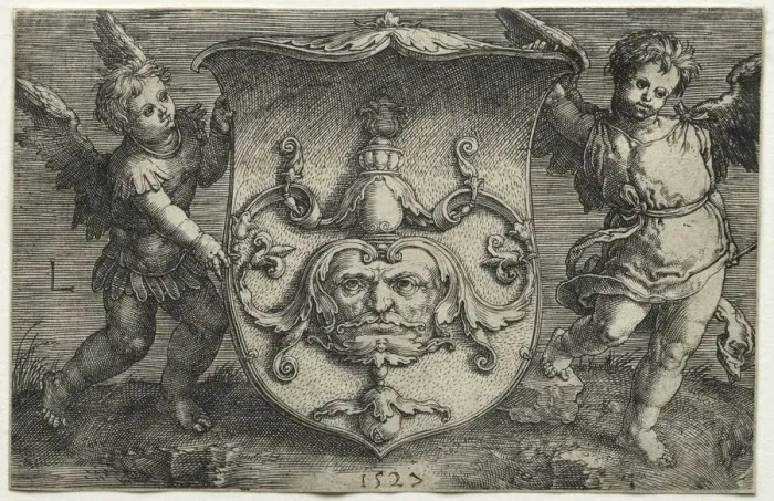 Framed Print : A Shield Bearing a Mask Supported by Two Genii, 1527. Creator: Lucas van Leyden (Dutch, 1494-1533) Framed Print : A Shield Bearing a Mask Supported by Two Genii, 1527. Creator: Lucas van Leyden (Dutch, 1494-1533)