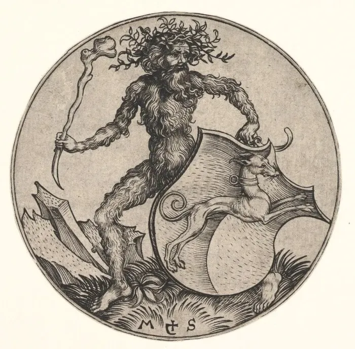 Framed Print : Shield with Greyhound Held by Wild Man, ca. 1435-1491. Creator: Martin Schongauer Framed Print : Shield with Greyhound Held by Wild Man, ca. 1435-1491. Creator: Martin Schongauer