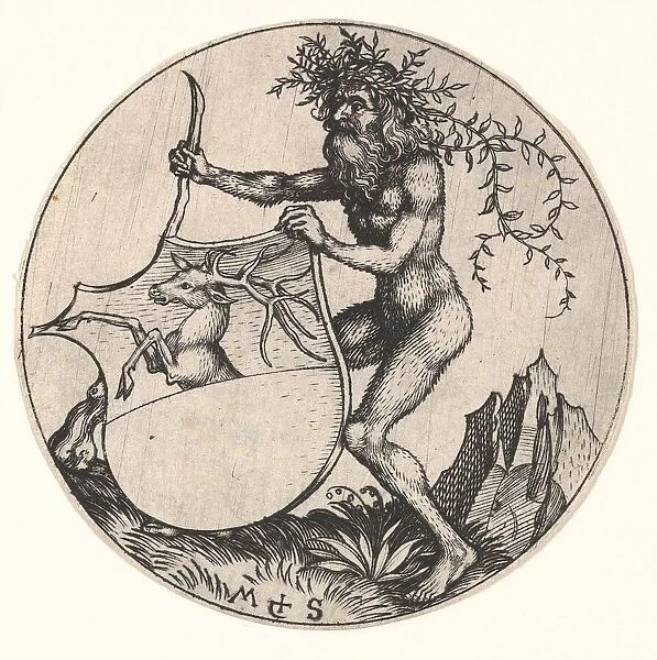 Shield with Stag Held by Wild Man, ca. 1435-1491. Creator: Martin Schongauer
