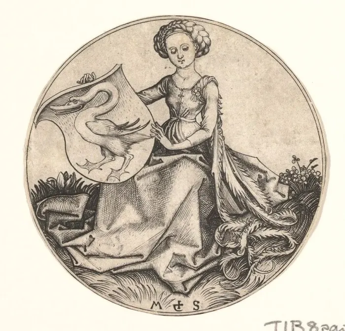 Framed Print : Shield with Swan Held by Woman, ca. 1435-1491. Creator: Martin Schongauer Framed Print : Shield with Swan Held by Woman, ca. 1435-1491. Creator: Martin Schongauer