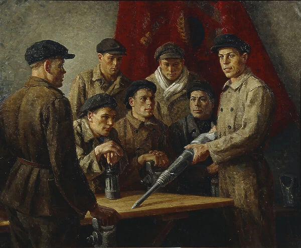 Before shift work. Stakhanov Brigade, 1937. Creator: Ryazhsky, Georgi Georgievich (1895-1952)