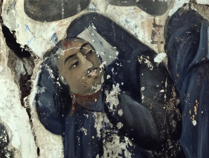 Framed Print : Shiite woman with veil crying by her martyred husband martyred, wall paintings, 17th century Framed Print : Shiite woman with veil crying by her martyred husband martyred, wall paintings, 17th century