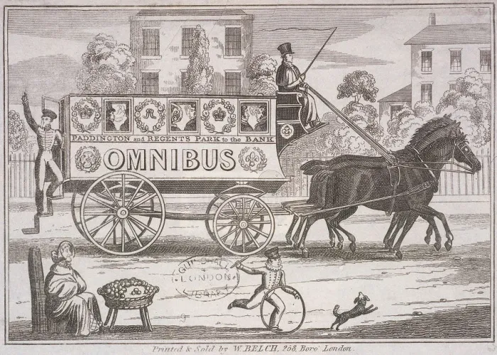 Framed Print : Shillibeers first omnibus drawn by three horses, London, c1830 Framed Print : Shillibeers first omnibus drawn by three horses, London, c1830
