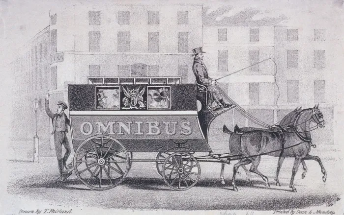 Framed Print : Shillibeers second omnibus, drawn by two horses instead of three, c1830. Artist Framed Print : Shillibeers second omnibus, drawn by two horses instead of three, c1830. Artist