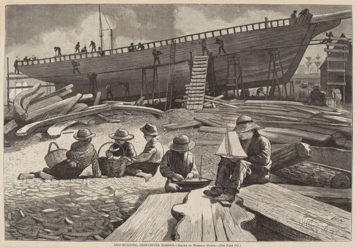 Framed Print : Ship-Building, Gloucester Harbor, published 1873. Creator: Winslow Homer Framed Print : Ship-Building, Gloucester Harbor, published 1873. Creator: Winslow Homer