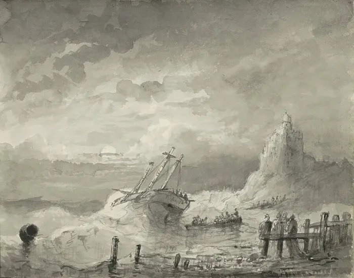 Framed Print : Ship in distress off the coast, c.1825-c.1875. Creator: Circle of Petrus Johannes Schotel Framed Print : Ship in distress off the coast, c.1825-c.1875. Creator: Circle of Petrus Johannes Schotel