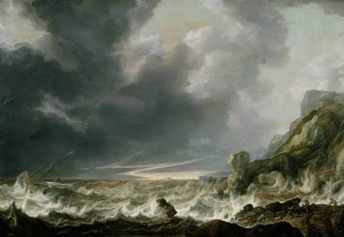 Framed Print : Ship in Distress off a Rocky Coast, about 1645. Creator: Simon de Vlieger Framed Print : Ship in Distress off a Rocky Coast, about 1645. Creator: Simon de Vlieger