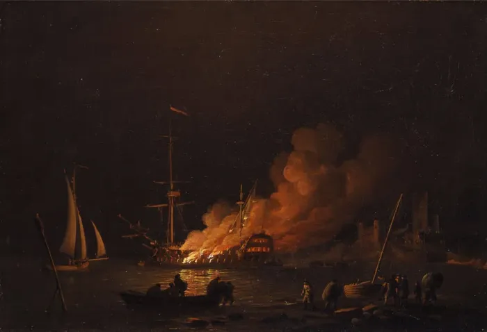 Framed Print : Ship on fire at night, ca 1756. Artist: Brooking, Charles (1723-1759) Framed Print : Ship on fire at night, ca 1756. Artist: Brooking, Charles (1723-1759)