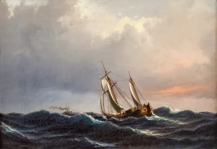 Framed Print : A ship in high seas at sunset, 1847. Creator: Anton Melbye Framed Print : A ship in high seas at sunset, 1847. Creator: Anton Melbye