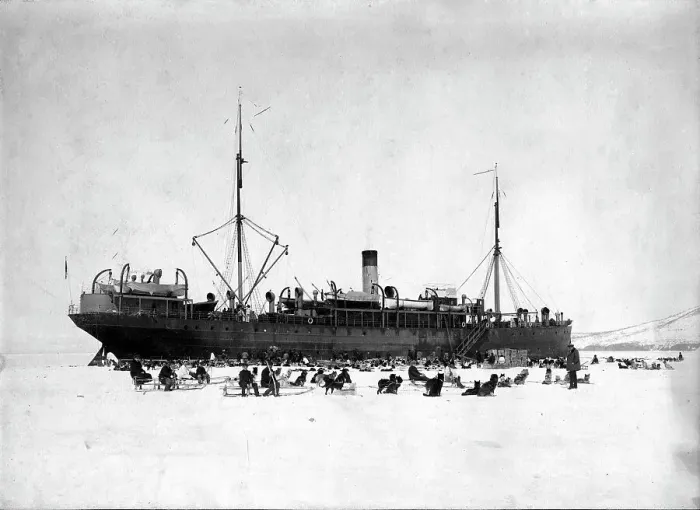 Framed Print : A ship in the ice of Avacha Bay; On the ice there are dog sleds to unload the ship, 1910-1929. Creator: Ivan Emelianovich Larin Framed Print : A ship in the ice of Avacha Bay; On the ice there are dog sleds to unload the ship, 1910-1929. Creator: Ivan Emelianovich Larin