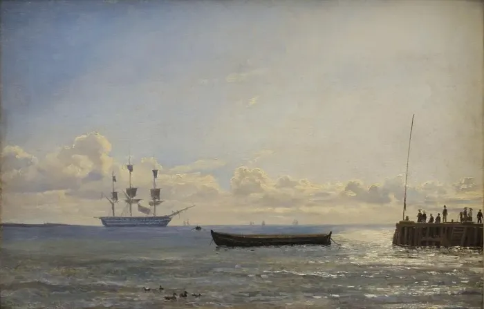 Framed Print : A Ship of the Line at Anchor, 1847. Creator: Emanuel Larsen Framed Print : A Ship of the Line at Anchor, 1847. Creator: Emanuel Larsen