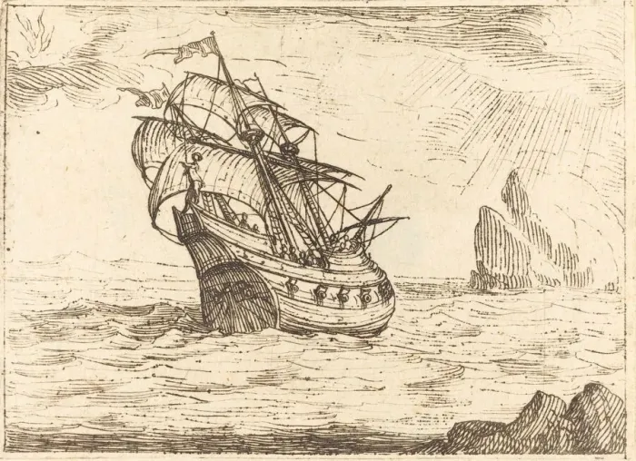 Framed Print : Ship Navigating Near Rocks. Creator: Jacques Callot Framed Print : Ship Navigating Near Rocks. Creator: Jacques Callot