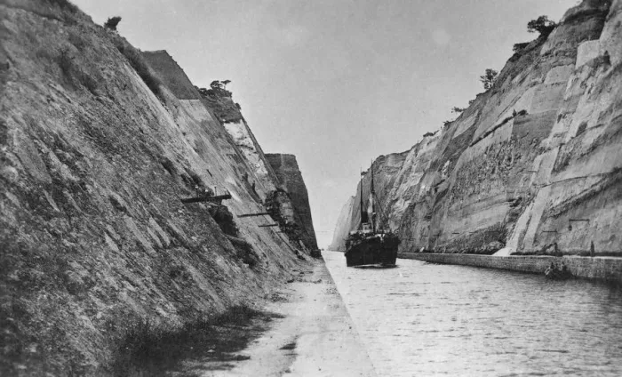 Framed Print : Ship passing through the Corinth Canal, Greece, late 19th or 20th century Framed Print : Ship passing through the Corinth Canal, Greece, late 19th or 20th century