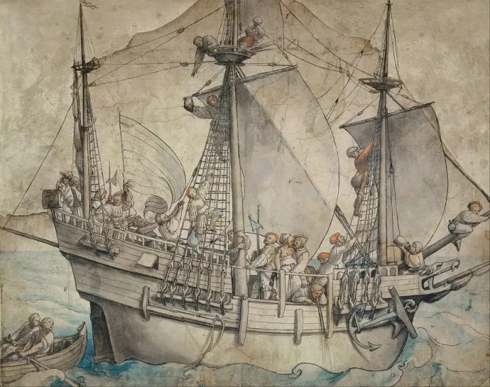 Framed Print : Ship with Revelling Sailors, Lansquenets and a Sutleress. Artist: Holbein, Hans, the Younger (1497-1543) Framed Print : Ship with Revelling Sailors, Lansquenets and a Sutleress. Artist: Holbein, Hans, the Younger (1497-1543)