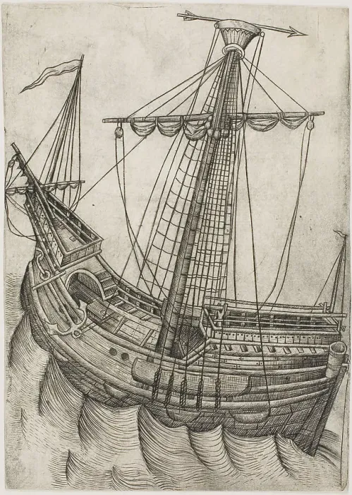Framed Print : Ship with Sails Furled and Arrow Pointing to the Right, 1475 / 85. Creator: Master W. with the Key Framed Print : Ship with Sails Furled and Arrow Pointing to the Right, 1475 / 85. Creator: Master W. with the Key