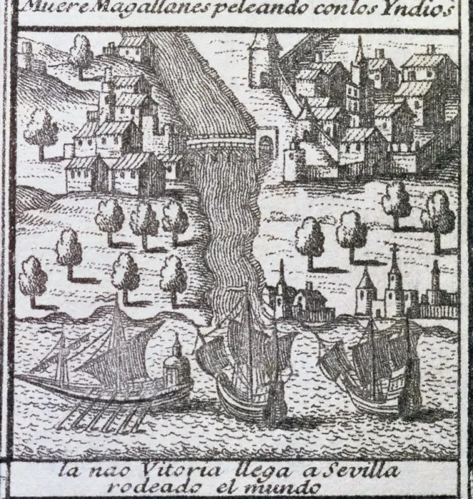 Framed Print : The ship Victoria on arrival to Seville in 1522, it was one of the five ships of