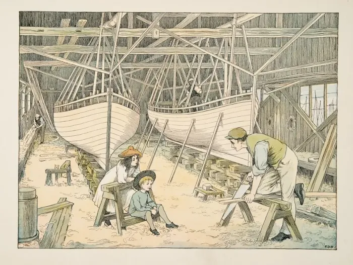 Framed Print : The Shipbuilder, from Four and Twenty Toilers, pub. 1900 (colour lithograph) Framed Print : The Shipbuilder, from Four and Twenty Toilers, pub. 1900 (colour lithograph)