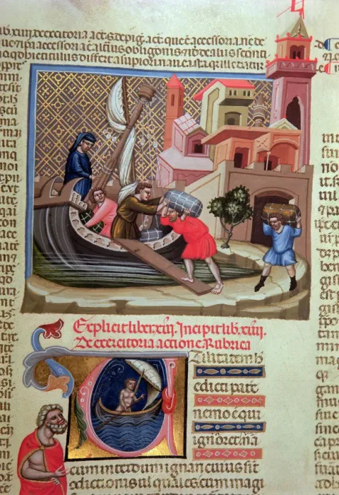 Framed Print : Shipment of goods on a boat and illuminated initial letter with a sailor in a boat Framed Print : Shipment of goods on a boat and illuminated initial letter with a sailor in a boat