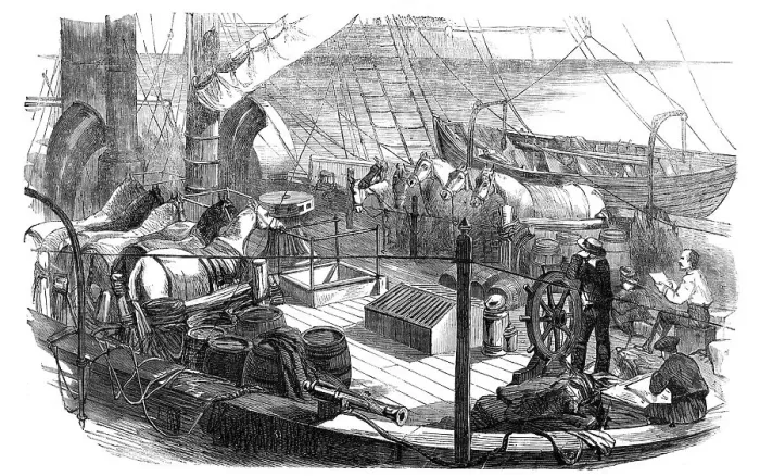 Framed Print : Shipping Artillery Horses at Calais, for the French Expeditionary Force to the Baltic, 1854. Creator: Unknown Framed Print : Shipping Artillery Horses at Calais, for the French Expeditionary Force to the Baltic, 1854. Creator: Unknown