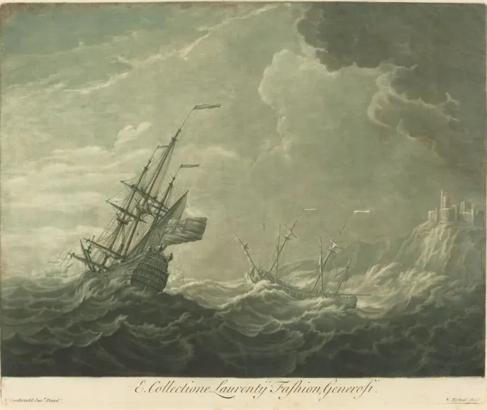 Framed Print : Shipping Scene from the Collection of Lawrence Fashion, 1720s. Creator: Elisha Kirkall
