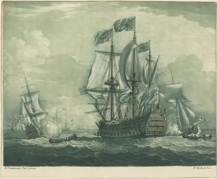 Framed Print : Shipping Scene with Man-of-War, 1720s. Creator: Elisha Kirkall Framed Print : Shipping Scene with Man-of-War, 1720s. Creator: Elisha Kirkall