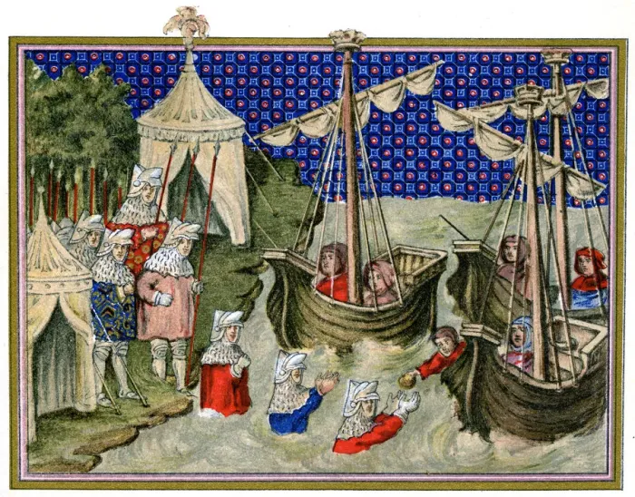 Framed Print : Ships bringing provisions to the English host, Richard IIs campaign in Ireland, 1399, (1893) Framed Print : Ships bringing provisions to the English host, Richard IIs campaign in Ireland, 1399, (1893)