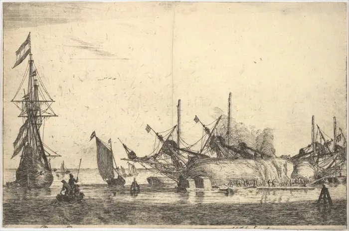 Framed Print : Ships Careened for Caulking the Hull, 17th century. Creator: Reinier Zeeman Framed Print : Ships Careened for Caulking the Hull, 17th century. Creator: Reinier Zeeman