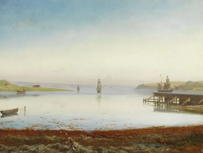 Framed Print : Ships on a Fiord, mid-late 19th century. Creator: Thorald Laessoe Framed Print : Ships on a Fiord, mid-late 19th century. Creator: Thorald Laessoe